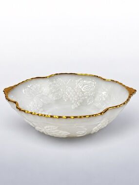 Vintage White Milk Glass Grape Bowl Gold Trim Scalloped Rim